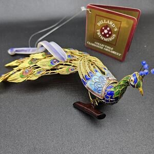 Dillard's Trimmings Cloisonné Peacock Ornament Holiday Collectible Gold Enamel D